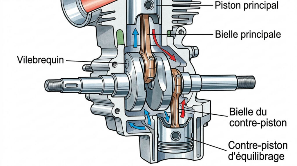 Motobécane 99Z : la mobylette au moteur contre-piston 3 Écorché du bas moteur à contre-piston de la Motobécane 99Z.