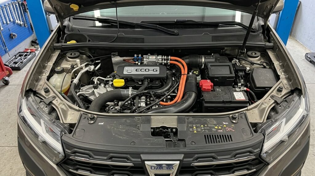 Vue sous le capot d'une Dacia Sandero équipée de la motorisation bicarburant Eco-G.