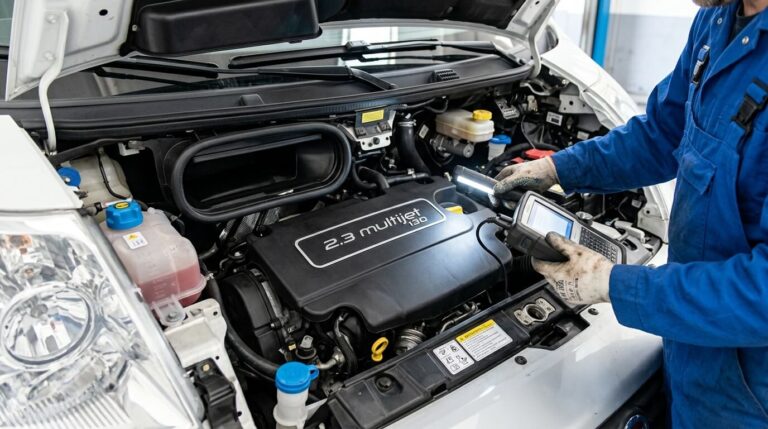 Inspection sous le capot d'un moteur diesel 2.3 Multijet 130 sur un Fiat Ducato.