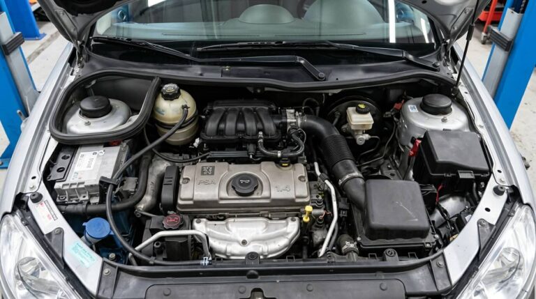 Bloc moteur essence PSA 1.4 TU3JP sous le capot d'une Peugeot 206.