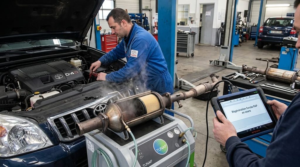 Nettoyage et régénération forcée du filtre à particules sur un moteur diesel Toyota.