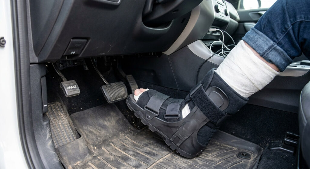 Pied plâtré dans une botte de marche posé à proximité des pédales de freins.