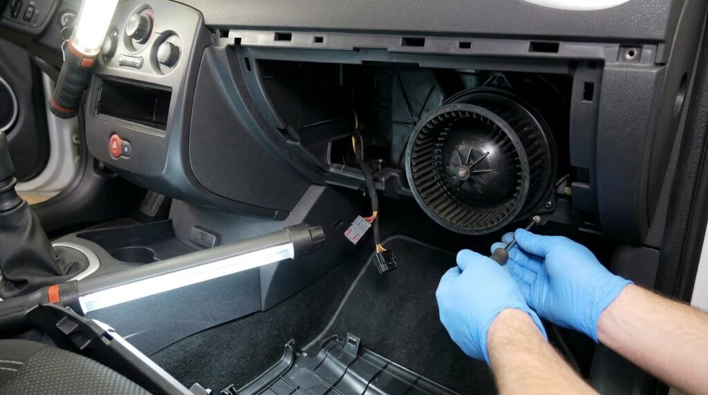 Démontage du pulseur d'air sous la boîte à gants d'une Renault Clio 3.