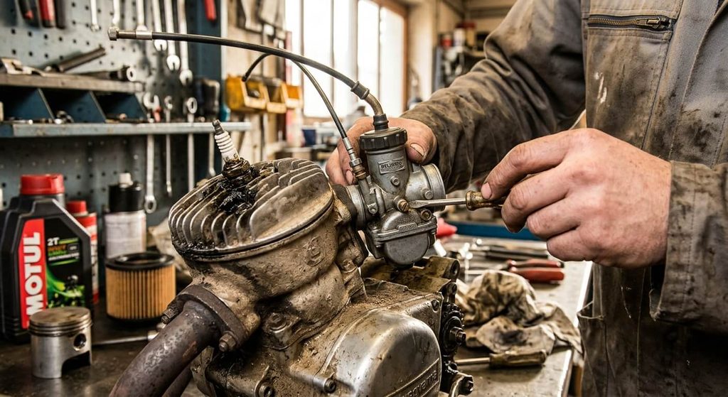 Réglage de la vis de richesse sur le carburateur d'un moteur 2 temps pour éviter l'encrassement de la bougie.