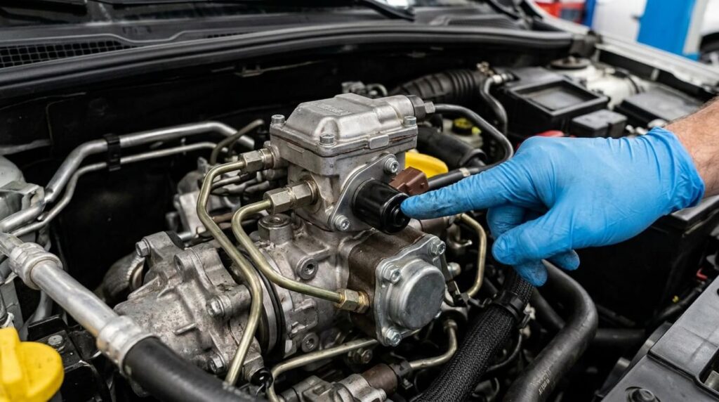 Électrovanne du régulateur de pression monté sur la pompe à injection du moteur 1.5 dCi.