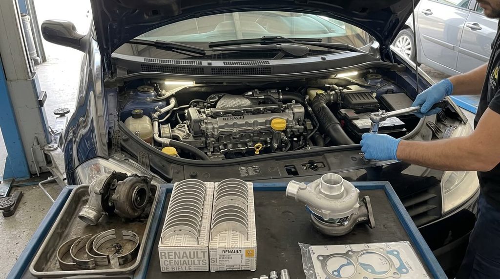 Changement préventif des coussinets de bielle et du turbo sur un bloc diesel Renault.