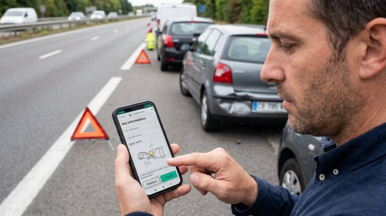Conducteur complétant les informations d'un accident sur l'application mobile e-constat auto.