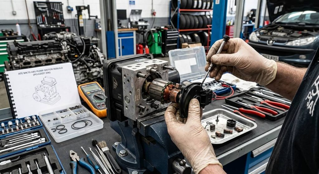 Démontage et réfection du moteur de pompe hydraulique d'un bloc ABS ATE MK70 de Peugeot 206.