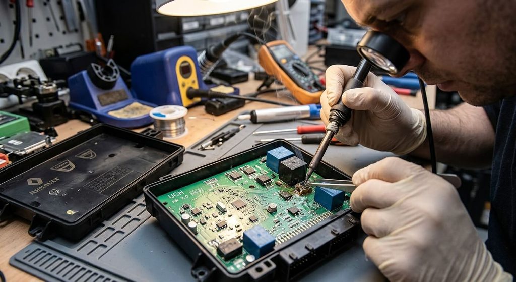 Réparation et soudure de relais de puissance sur la carte électronique d'un boîtier UCH.
