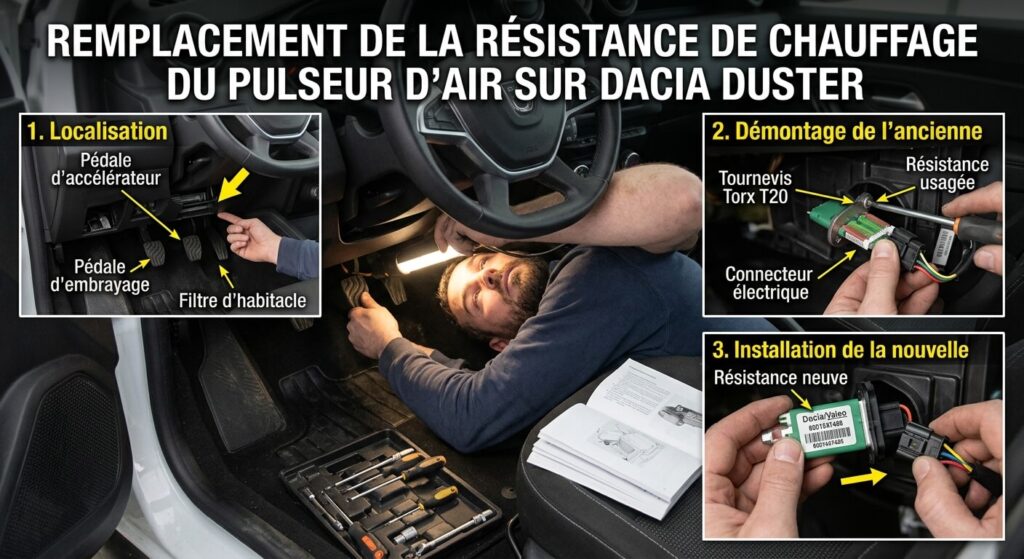 Remplacement de la résistance de chauffage du pulseur d'air sur Dacia Duster.