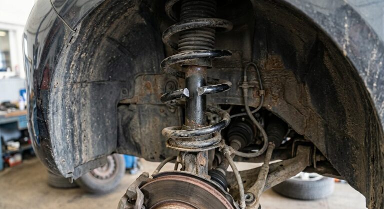 Rupture d'une spire sur un ressort de suspension avant de voiture.