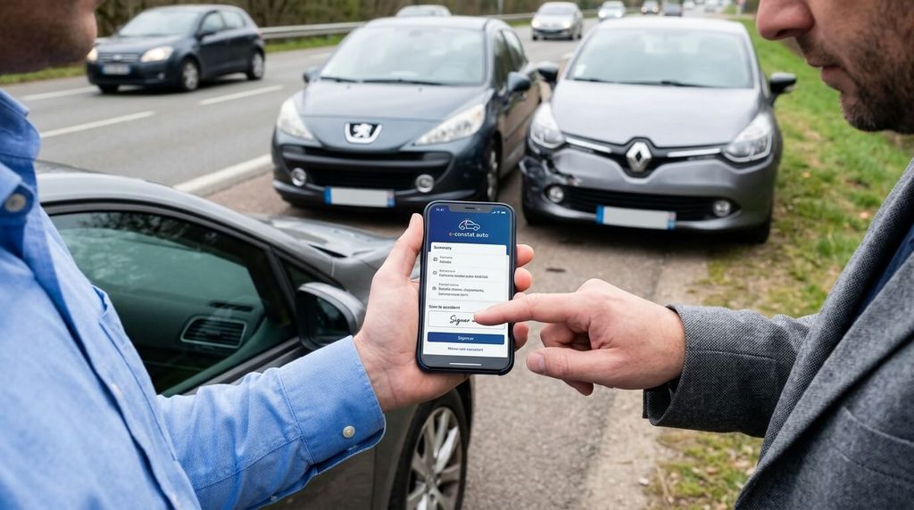 Signature électronique sur écran tactile d'un e-constat d'accident entre deux automobilistes.