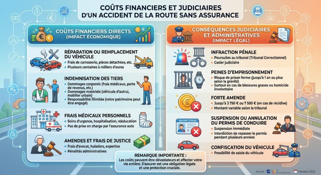 Infographie résumant les coûts financiers et judiciaires d'un accident de la route sans assurance.