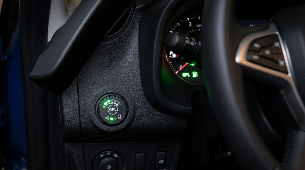 Témoin lumineux et commutateur GPL sur la planche de bord d'une Dacia.