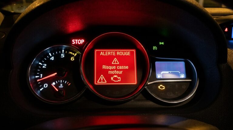 Message d'alerte rouge Risque casse moteur et voyant STOP affichés sur le compteur d'une Renault Mégane 3.