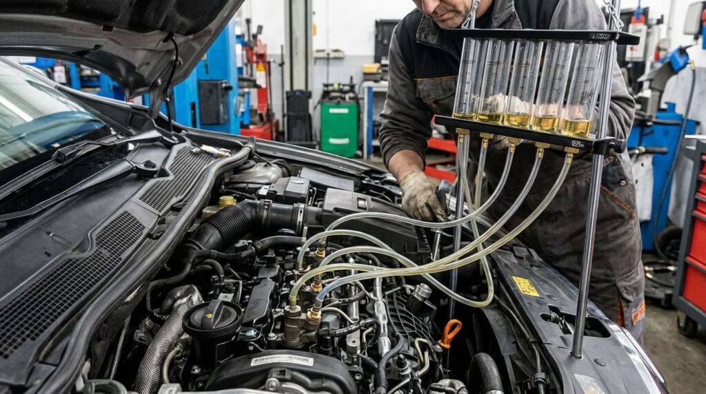 Test des débits de retour d'injecteurs sur un moteur Renault 1.5 dCi en atelier.