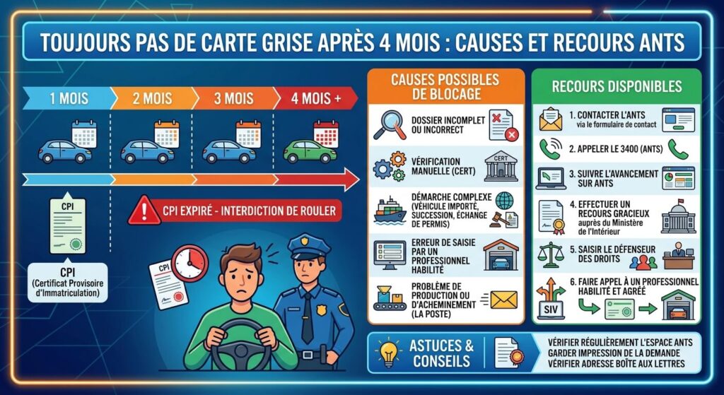 Toujours pas de carte grise après 4 mois : causes et recours ANTS 4