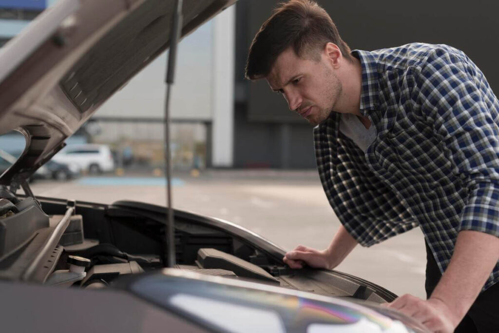 Contrôle du niveau d'huile moteur avec la jauge graduée sous le capot d'une voiture.