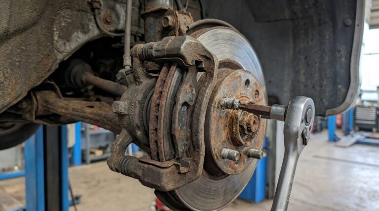 Vis Torx T55 grippée sur la chape de support d'étrier de frein d'une Peugeot 206.