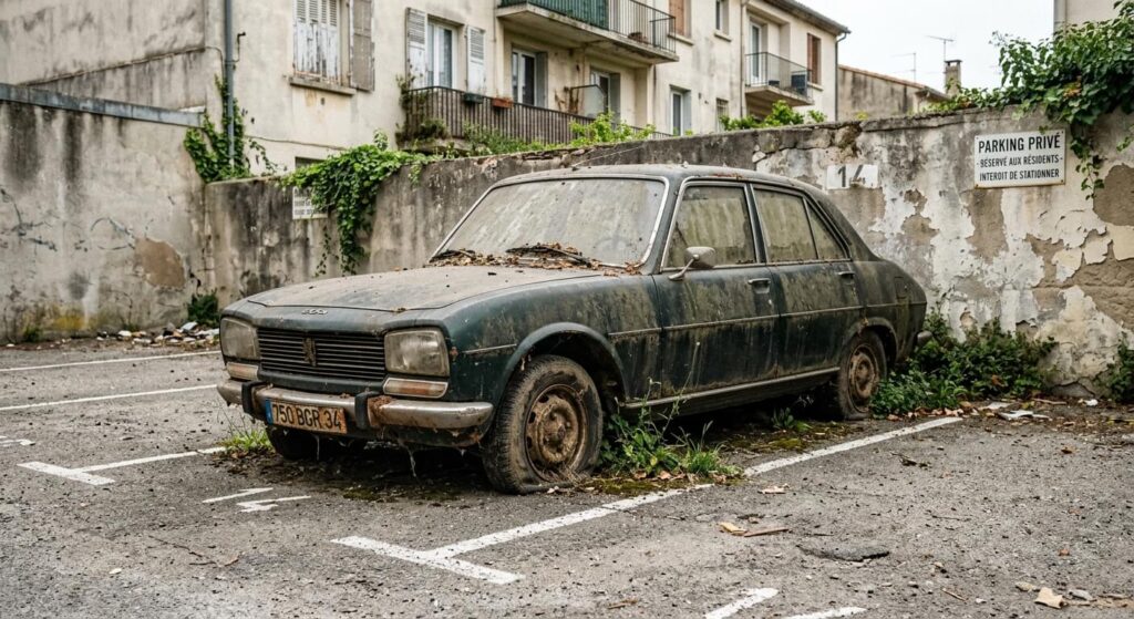 Voiture ventouse sur un parking privé : la procédure à suivre 2 Voiture poussiéreuse et abandonnée stationnée sur un emplacement de parking privé.