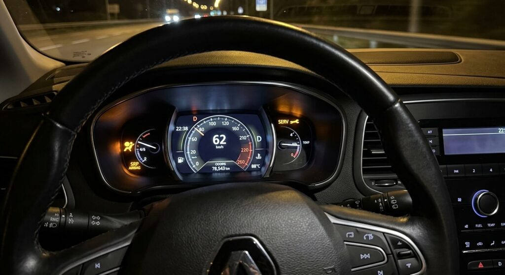 Voyant orange SRP Airbag et témoin de clé de service allumés sur le combiné de bord.