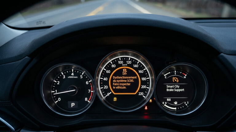 Message de dysfonctionnement du système SCBS affiché sur le compteur d'un Mazda CX-5.
