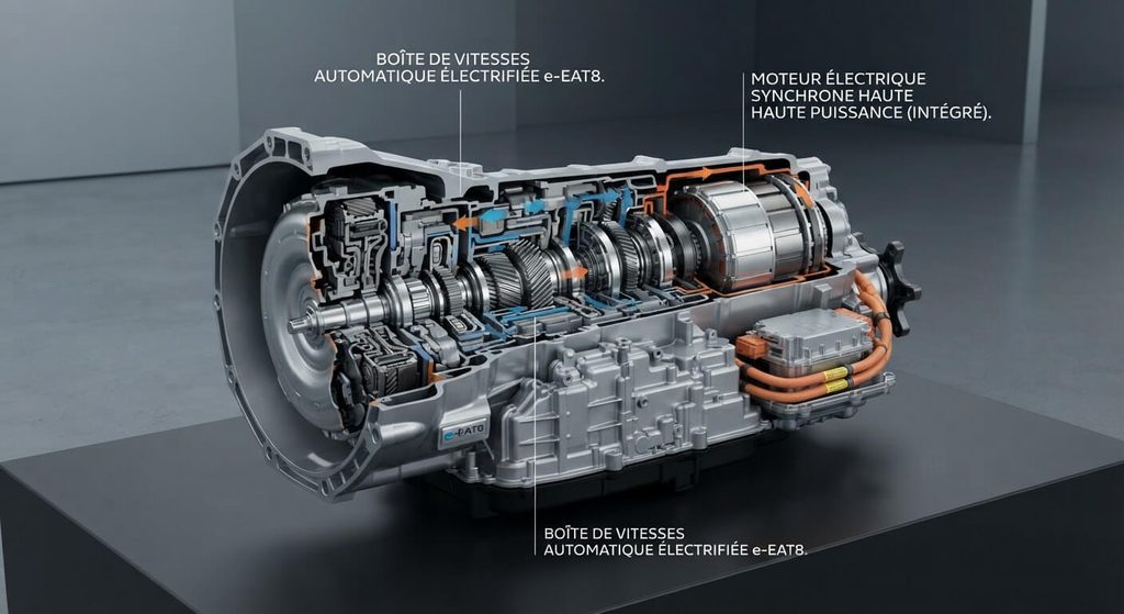 Boîte de vitesses automatique électrifiée e-EAT8 intégrant le moteur électrique synchrone.