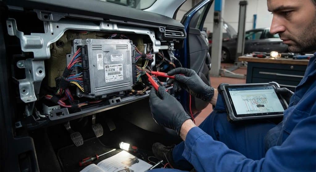 Contrôle des connexions électriques et du boîtier de servitude intelligent BSI sur une Peugeot.