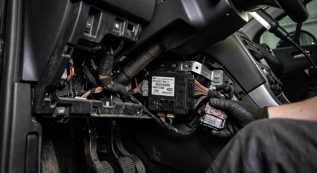 Boîtier électronique BSI situé sous la planche de bord côté conducteur d'une Peugeot 308.