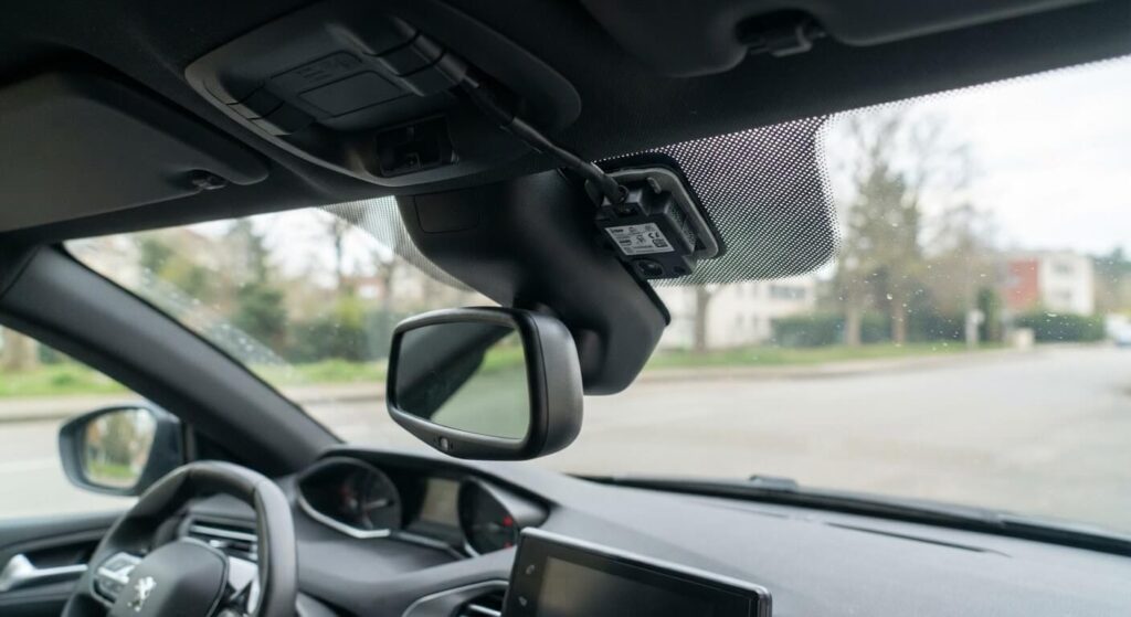 Boîtier du capteur de pluie et de luminosité collé derrière le rétroviseur central sur une Peugeot.
