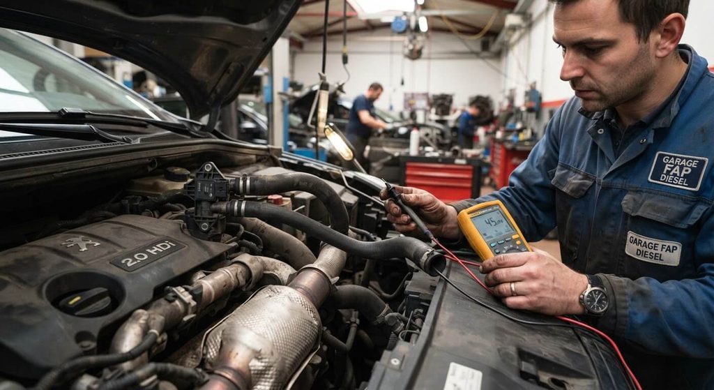 Code défaut P246C sur Peugeot : colmatage FAP, causes et solutions 3 Capteur de pression différentielle FAP avec ses durites souples lors d'un contrôle en atelier mécanique.