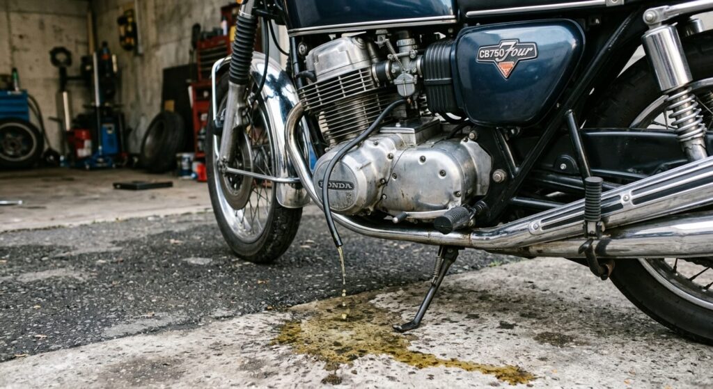 Carburateur qui fuit à l'arrêt : cause et réparation 2 Essence qui s'écoule par la durite de trop-plein d'un carburateur de moto arrêté sur sa béquille.