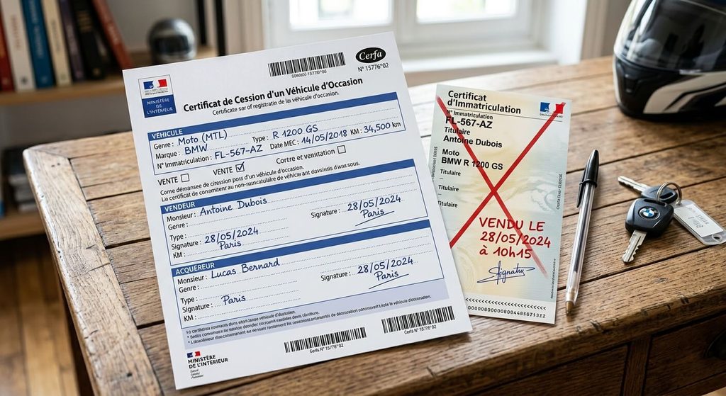 Formulaire de cession Cerfa et certificat d'immatriculation d'une moto d'occasion en cours de vente.