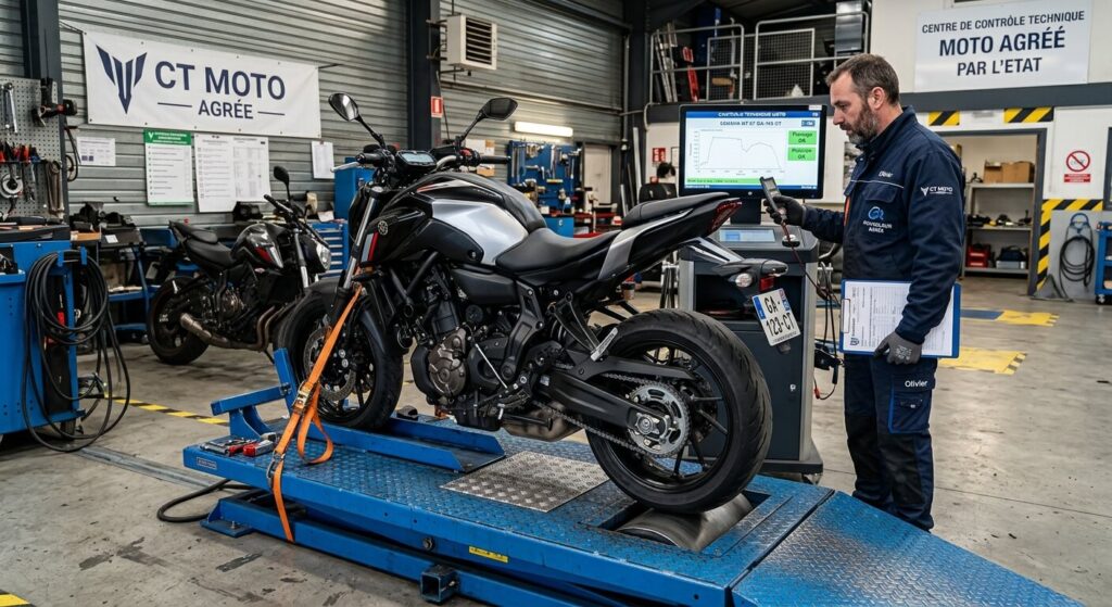 Moto installée sur le banc de contrôle technique d'un centre agréé pour l'inspection réglementaire.