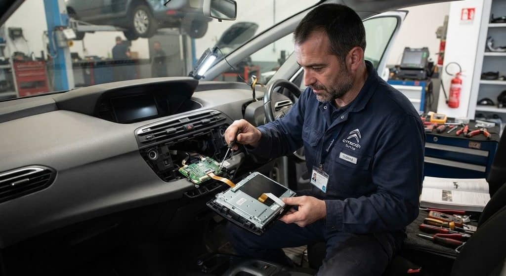 Technicien démontant l'écran tactile central d'un Citroën C4 Picasso pour réparer la carte électronique.