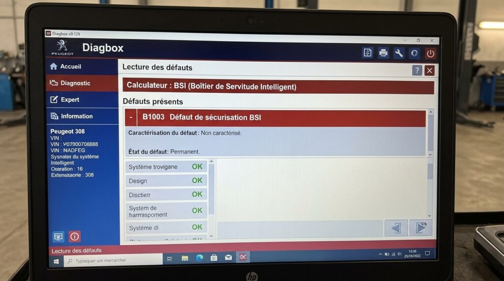 Écran du logiciel de diagnostic Diagbox affichant le défaut B1003 défaut de sécurisation BSI sur Peugeot 308.