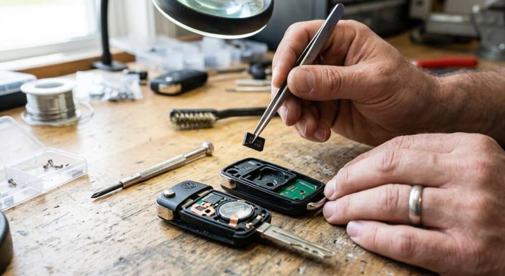 Changer un neiman sans reprogrammation : est-ce possible ? 2 Extraction de la petite puce transpondeur noire d'une clé de voiture pour l'insérer dans la nouvelle coque de neiman.