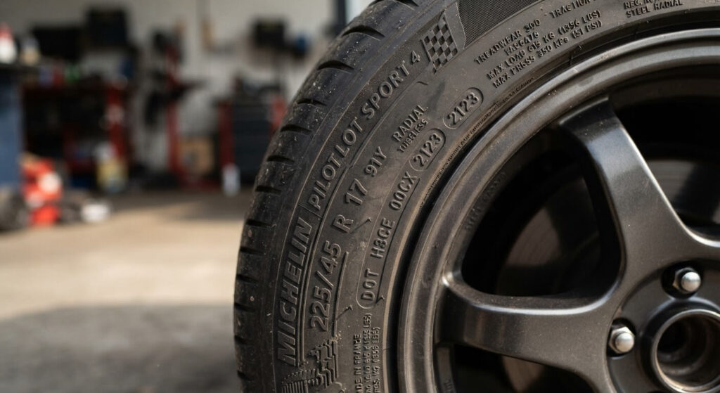 Gros plan sur les inscriptions et chiffres gravés sur le flanc d'un pneu de voiture.