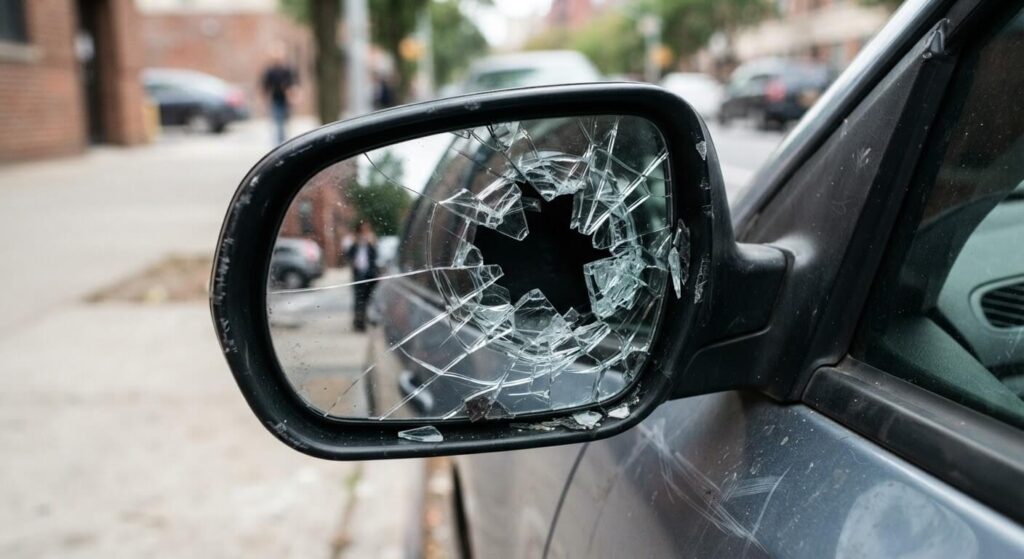 Rétroviseur cassé : faut-il le réparer ou le remplacer ? 2 Gros plan sur la vitre brisée d'un rétroviseur extérieur de voiture nécessitant un remplacement.