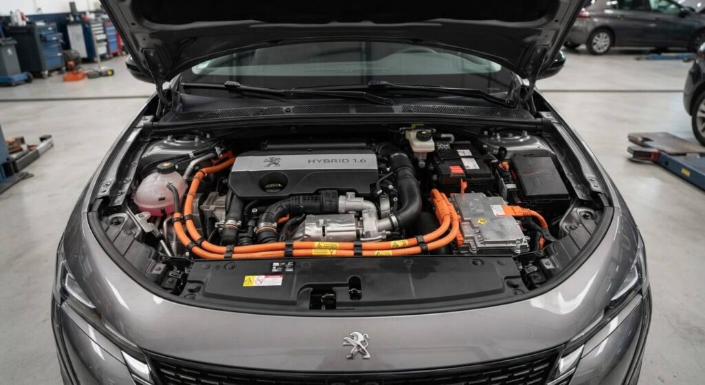 Bloc moteur 1.6 PHEV hybride rechargeable sous le capot d'une Peugeot 308 avec ses câbles haute tension orange.