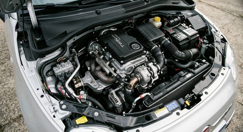 Compartiment moteur d'une Fiat 500 avec le bloc bicylindre 0.9 TwinAir.