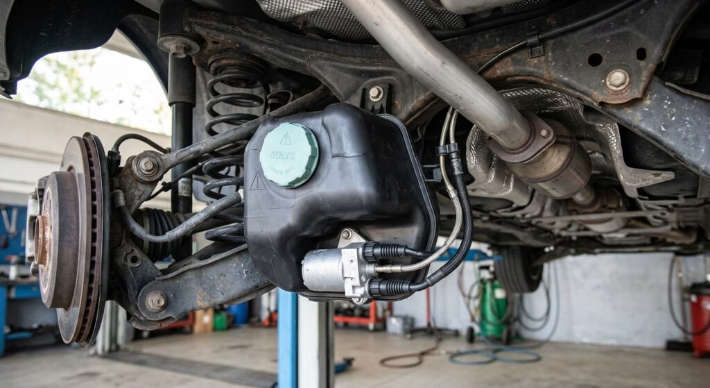 Réservoir et pompe d'additivation de cérine situés sous le train arrière d'un véhicule diesel.