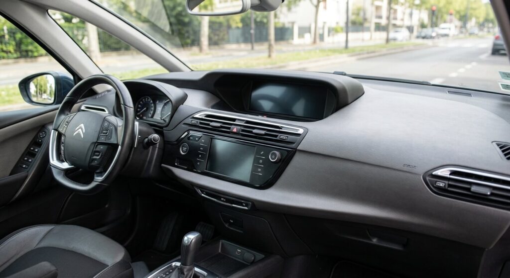 Écran panoramique 12 pouces éteint au centre du tableau de bord d'un Citroën C4 Picasso.