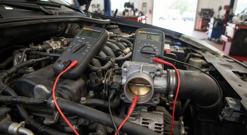 Contrôle au multimètre des valeurs de résistance d'un capteur de position papillon défectueux.