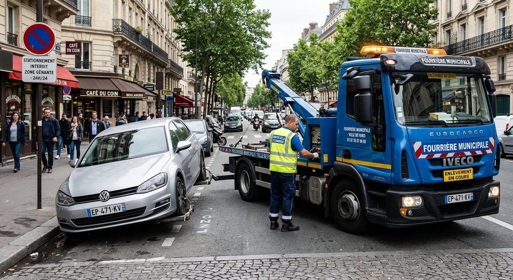 Dépanneuse de la fourrière municipale enlevant un véhicule en stationnement abusif.