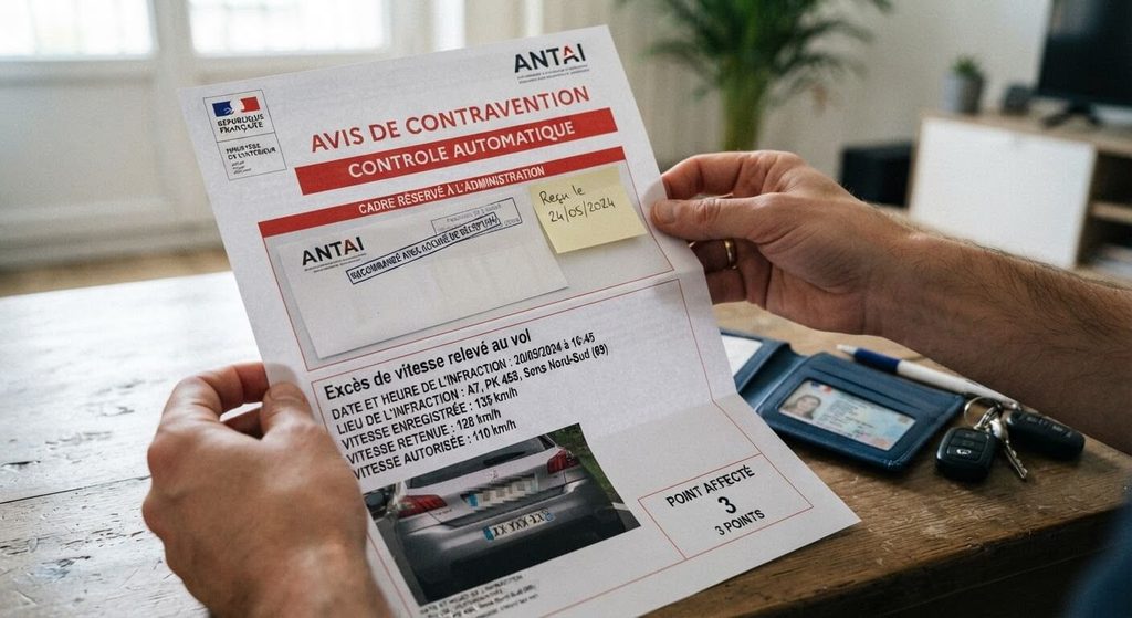 Avis de contravention de l'ANTAI reçu par courrier postal suite à un excès de vitesse relevé au vol.