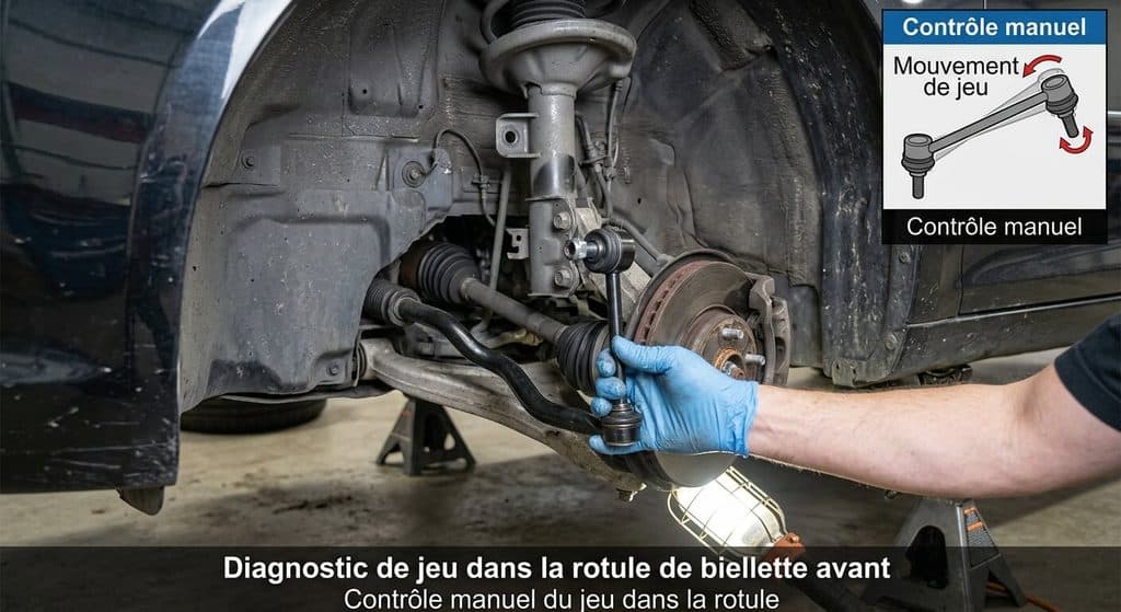 Bruit de claquement quand je roule sur une bosse : causes et réparations 3 Contrôle manuel du jeu dans la rotule d'une biellette de barre stabilisatrice avant.
