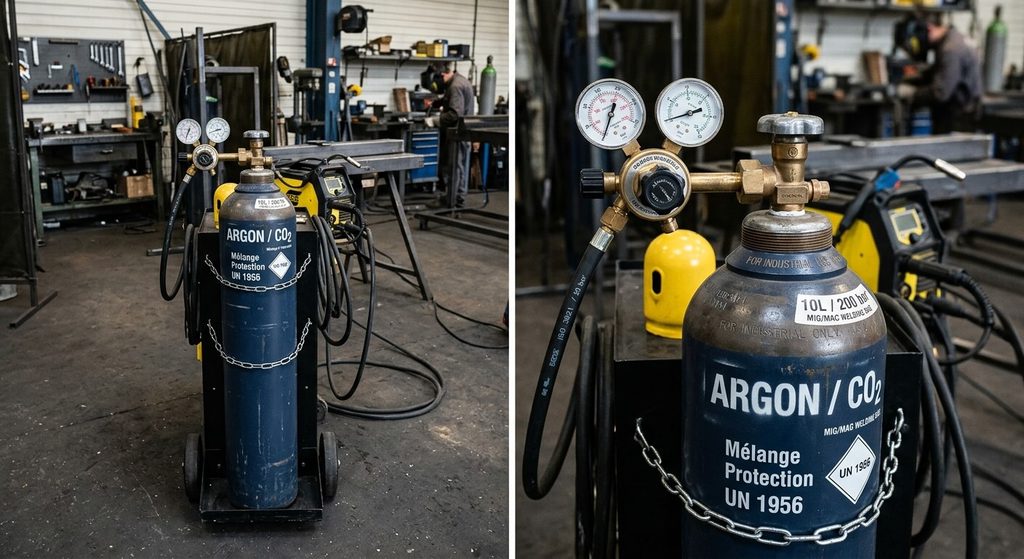 Bouteille de gaz de protection argon et CO2 équipée d'un manodétendeur pour poste à souder.