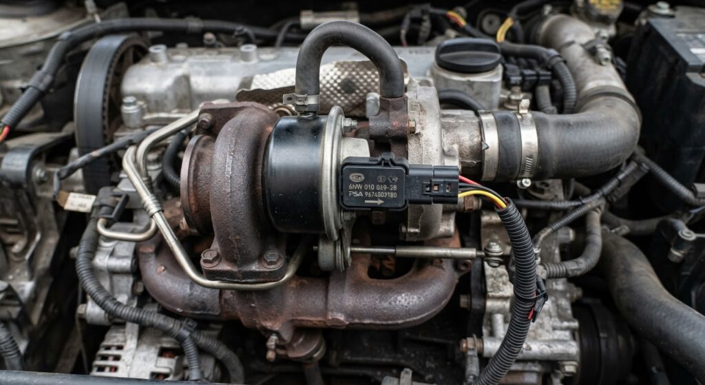 Capsule de dépression de turbocompresseur avec son capteur de recopie de position sur moteur HDi.