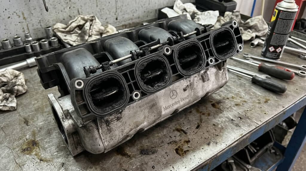 P200A Mercedes : signification et diagnostic 2 Collecteur d'admission Mercedes démonté montrant les volets de turbulence bloqués par la calamine.